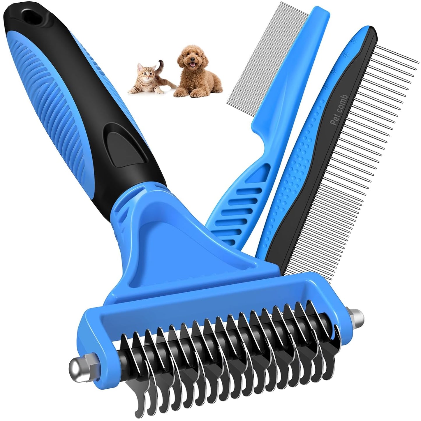 3-in-1 Pet Grooming Kit – Deshedding Rake, Detangling Comb & Flea Comb for Dogs & Cats (Blue)