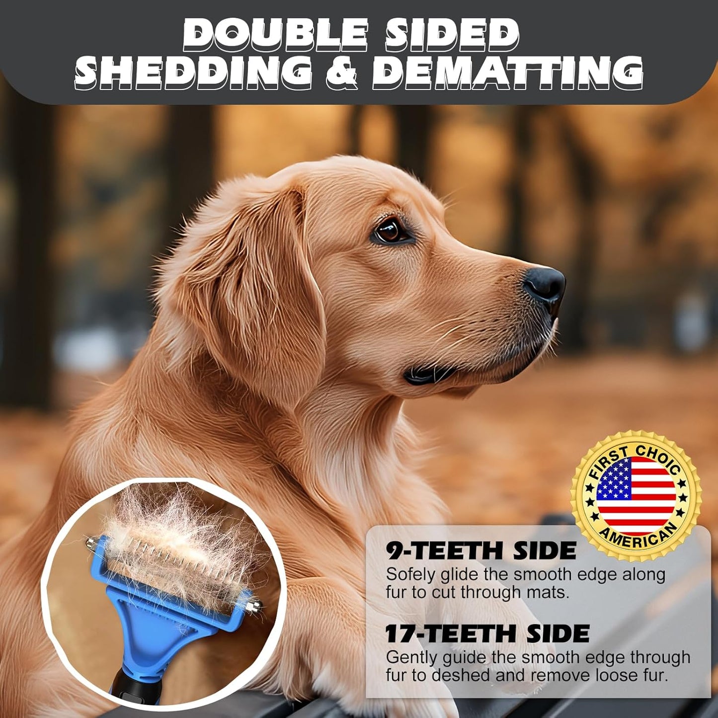3-in-1 Pet Grooming Kit – Deshedding Rake, Detangling Comb & Flea Comb for Dogs & Cats (Blue)