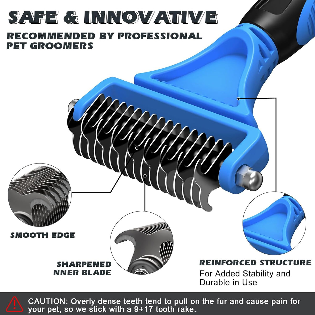 3-in-1 Pet Grooming Kit – Deshedding Rake, Detangling Comb & Flea Comb for Dogs & Cats (Blue)