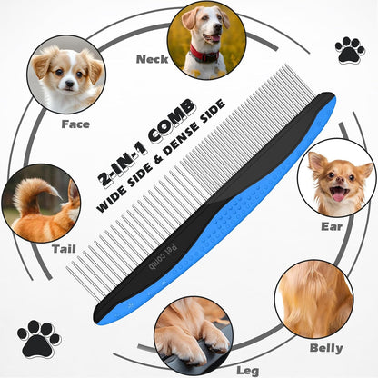 3-in-1 Pet Grooming Kit – Deshedding Rake, Detangling Comb & Flea Comb for Dogs & Cats (Blue)