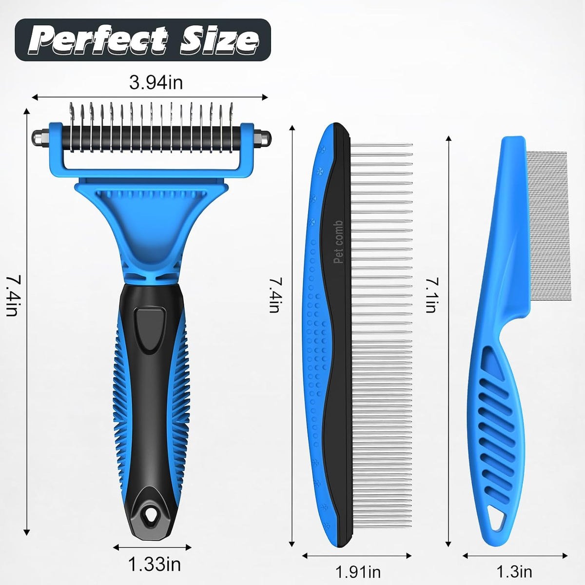 3-in-1 Pet Grooming Kit – Deshedding Rake, Detangling Comb & Flea Comb for Dogs & Cats (Blue)
