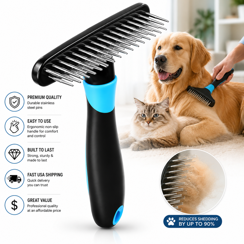 Deshedding Brush for Cats & Dogs — Undercoat Rake Grooming Comb (Reduces Shedding by 90%)